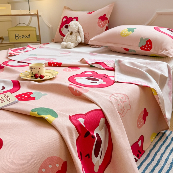 91家纺网 家纺一手货源 找家纺 梵朴 2025新款原棉老粗布床单凉席席子三件套 草莓熊