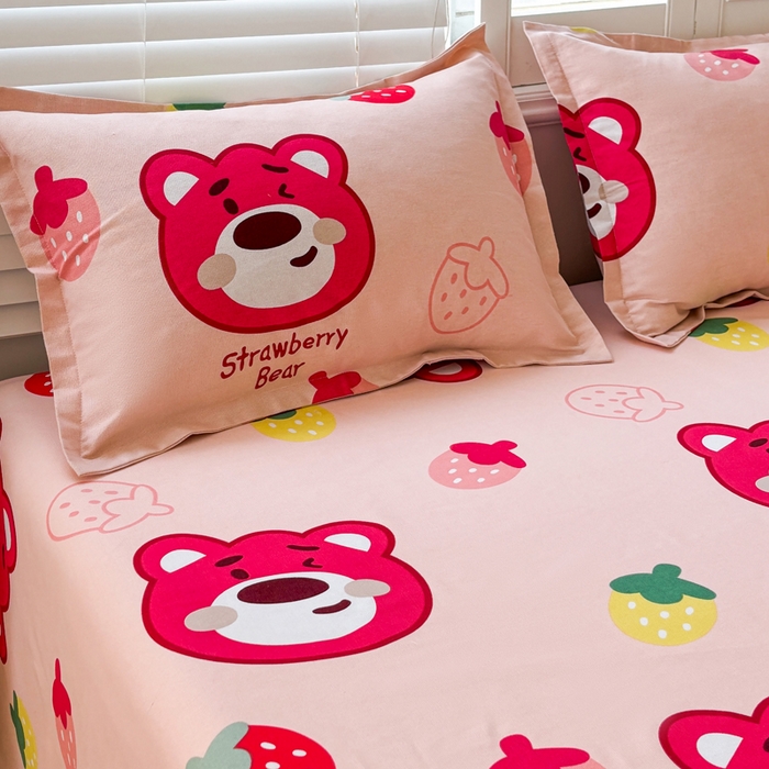 91家纺网 家纺一手货源 找家纺 梵朴 2025新款原棉老粗布床单凉席席子三件套 草莓熊