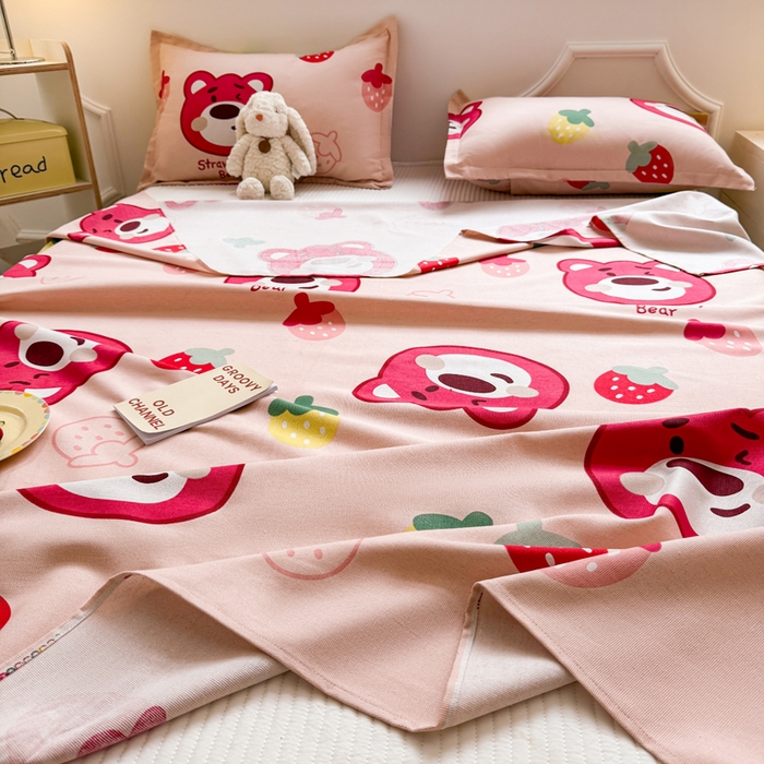 91家纺网 家纺一手货源 找家纺 梵朴 2025新款原棉老粗布床单凉席席子三件套 草莓熊