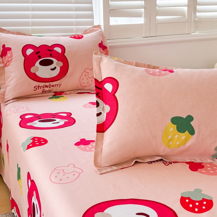 91家纺网 家纺一手货源 找家纺 梵朴 2025新款原棉老粗布床单凉席席子三件套 草莓熊