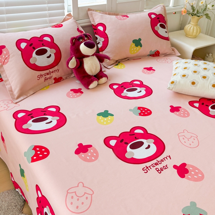 91家纺网 家纺一手货源 找家纺 梵朴 2025新款原棉老粗布床单凉席席子三件套 草莓熊