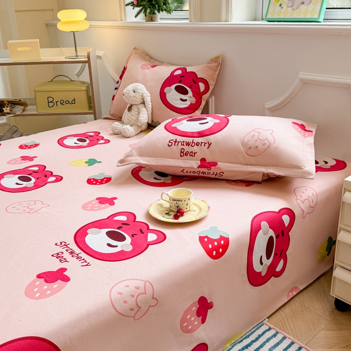 91家纺网 家纺一手货源 找家纺 梵朴 2025新款原棉老粗布床单凉席席子三件套 草莓熊