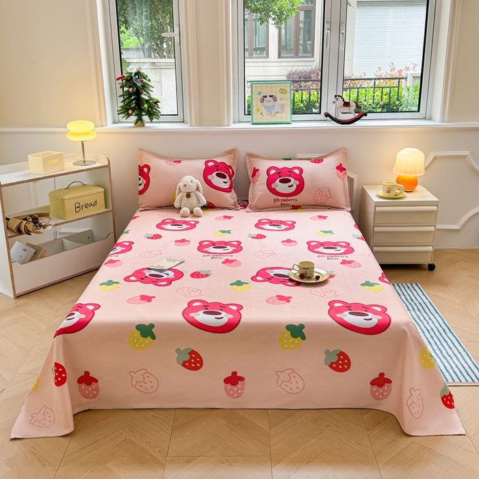 91家纺网 家纺一手货源 找家纺 梵朴 2025新款原棉老粗布床单凉席席子三件套 草莓熊