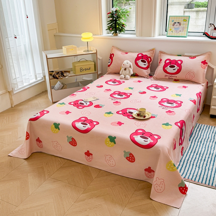 91家纺网 家纺一手货源 找家纺 梵朴 2025新款原棉老粗布床单凉席席子三件套 草莓熊