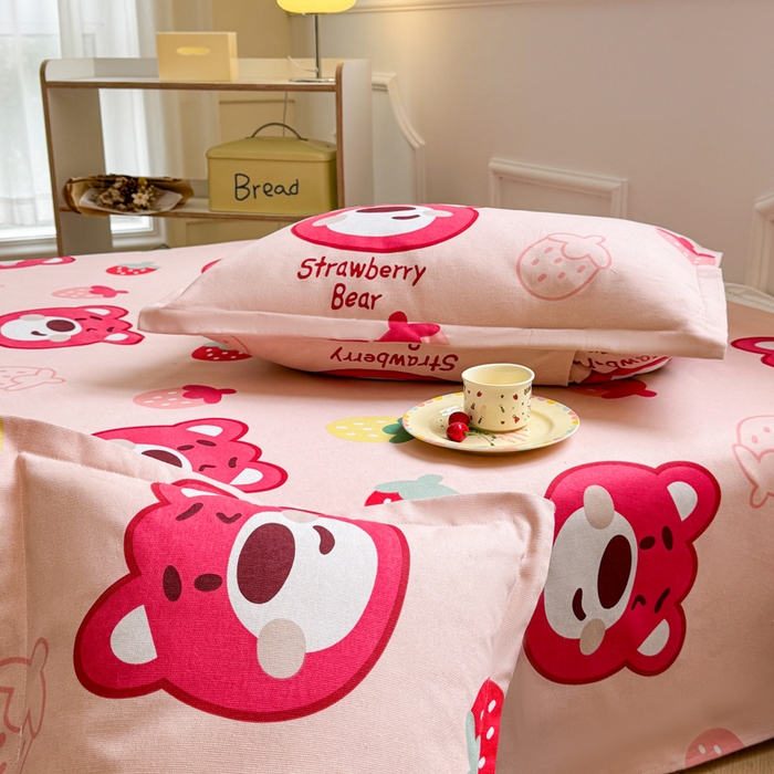 91家纺网 家纺一手货源 找家纺 梵朴 2025新款原棉老粗布床单凉席席子三件套 草莓熊