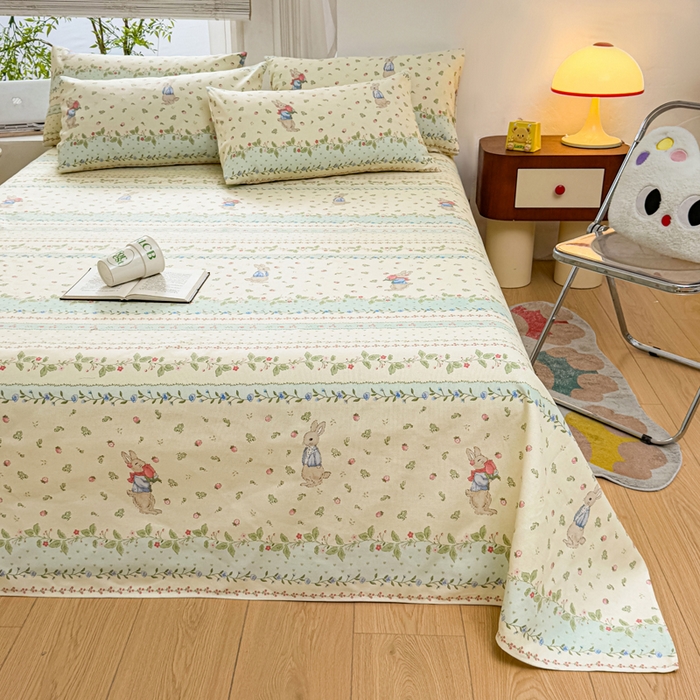 91家纺网 家纺一手货源 找家纺 梵朴 2025新款原棉老粗布床单凉席席子三件套 花丛兔