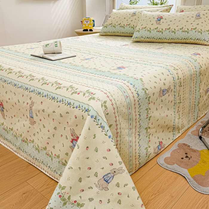 91家纺网 家纺一手货源 找家纺 梵朴 2025新款原棉老粗布床单凉席席子三件套 花丛兔