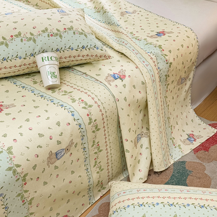 91家纺网 家纺一手货源 找家纺 梵朴 2025新款原棉老粗布床单凉席席子三件套 花丛兔