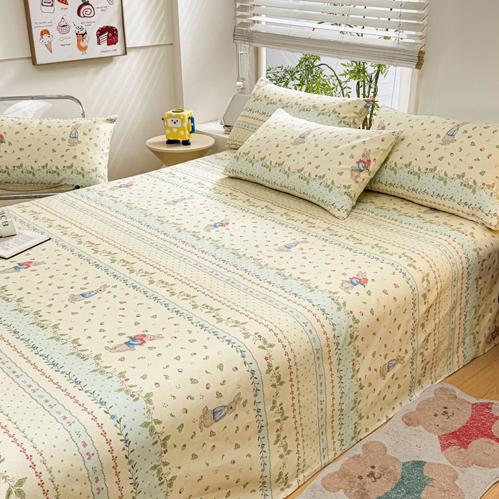 91家纺网 家纺一手货源 找家纺 梵朴 2025新款原棉老粗布床单凉席席子三件套 花丛兔