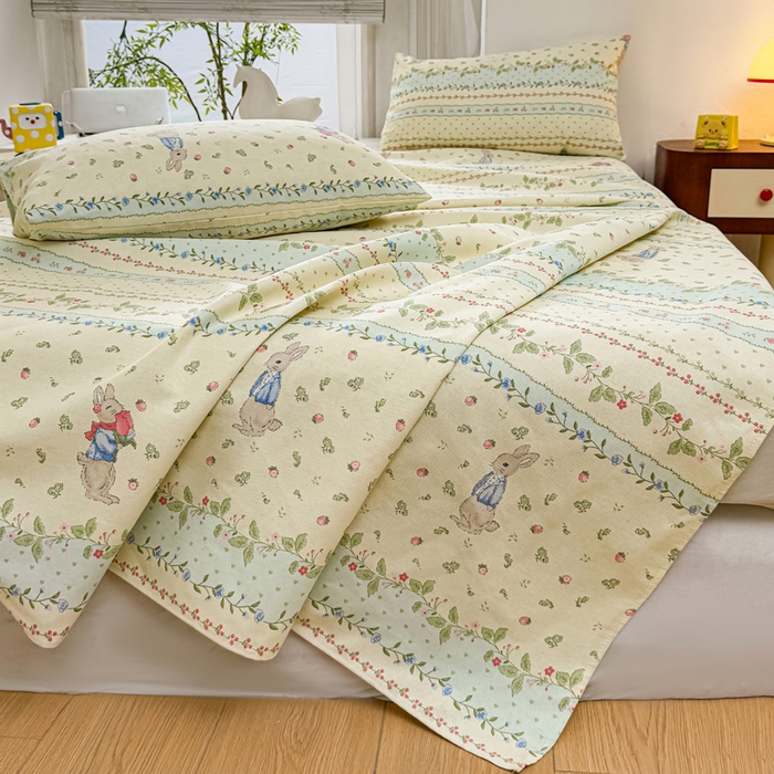 91家纺网 家纺一手货源 找家纺 梵朴 2025新款原棉老粗布床单凉席席子三件套 花丛兔