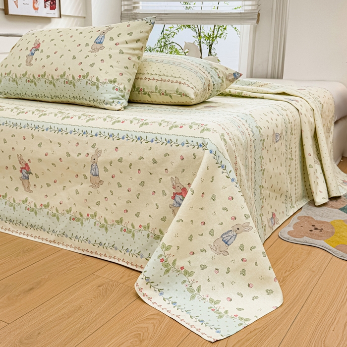 91家纺网 家纺一手货源 找家纺 梵朴 2025新款原棉老粗布床单凉席席子三件套 花丛兔