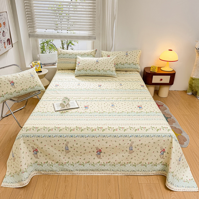 91家纺网 家纺一手货源 找家纺 梵朴 2025新款原棉老粗布床单凉席席子三件套 花丛兔