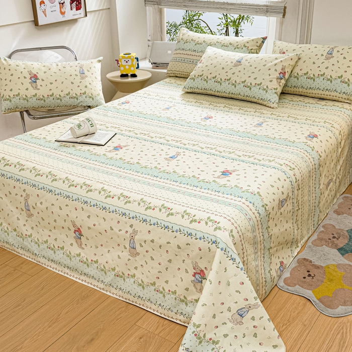 91家纺网 家纺一手货源 找家纺 梵朴 2025新款原棉老粗布床单凉席席子三件套 花丛兔