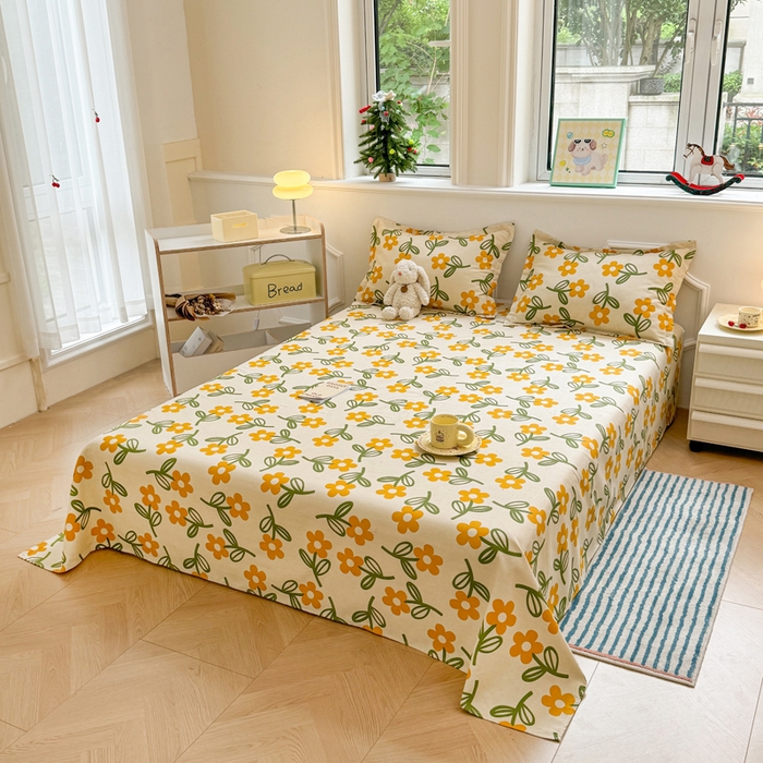 91家纺网 家纺一手货源 找家纺 梵朴 2025新款原棉老粗布床单凉席席子三件套 花叶