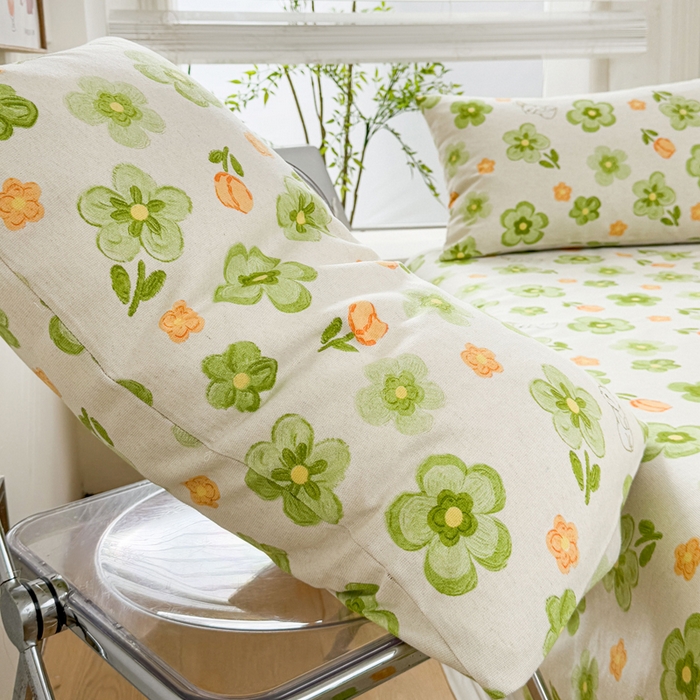 91家纺网 家纺一手货源 找家纺 梵朴 2025新款原棉老粗布床单凉席席子三件套 绿果花香兔