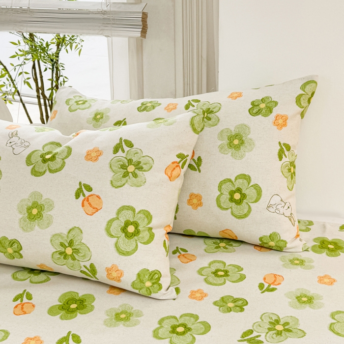 91家纺网 家纺一手货源 找家纺 梵朴 2025新款原棉老粗布床单凉席席子三件套 绿果花香兔