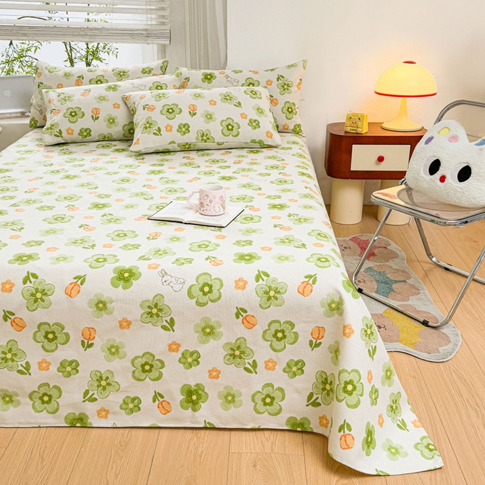 91家纺网 家纺一手货源 找家纺 梵朴 2025新款原棉老粗布床单凉席席子三件套 绿果花香兔