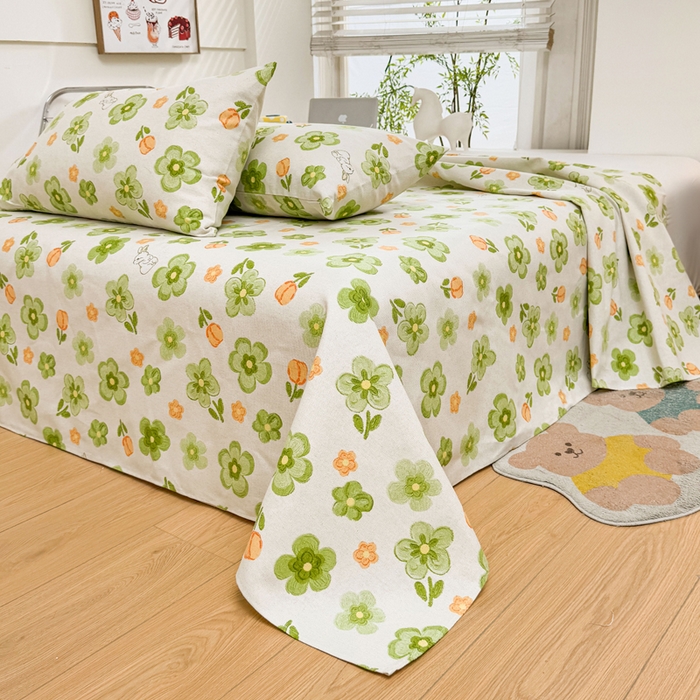 91家纺网 家纺一手货源 找家纺 梵朴 2025新款原棉老粗布床单凉席席子三件套 绿果花香兔