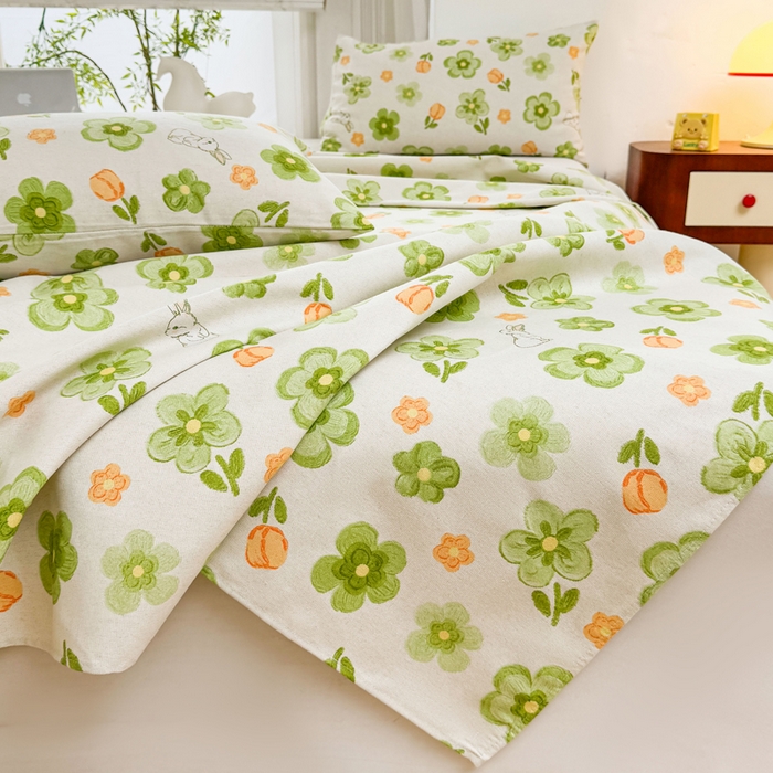 91家纺网 家纺一手货源 找家纺 梵朴 2025新款原棉老粗布床单凉席席子三件套 绿果花香兔