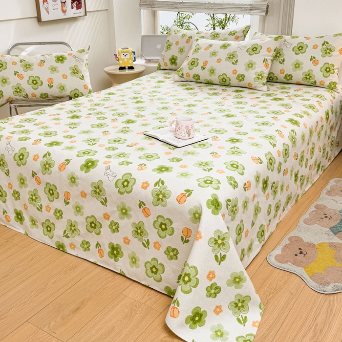 91家纺网 家纺一手货源 找家纺 梵朴 2025新款原棉老粗布床单凉席席子三件套 绿果花香兔