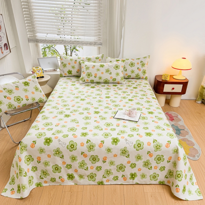 91家纺网 家纺一手货源 找家纺 梵朴 2025新款原棉老粗布床单凉席席子三件套 绿果花香兔