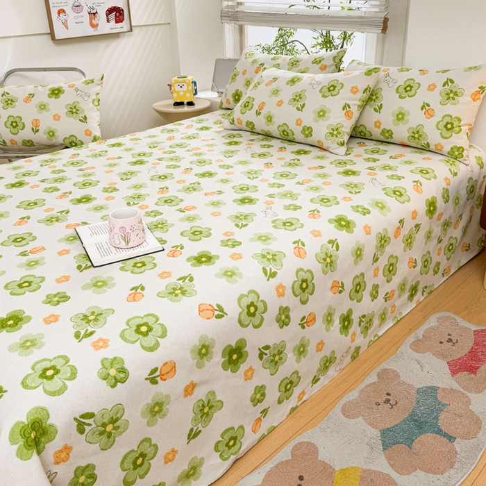 91家纺网 家纺一手货源 找家纺 梵朴 2025新款原棉老粗布床单凉席席子三件套 绿果花香兔