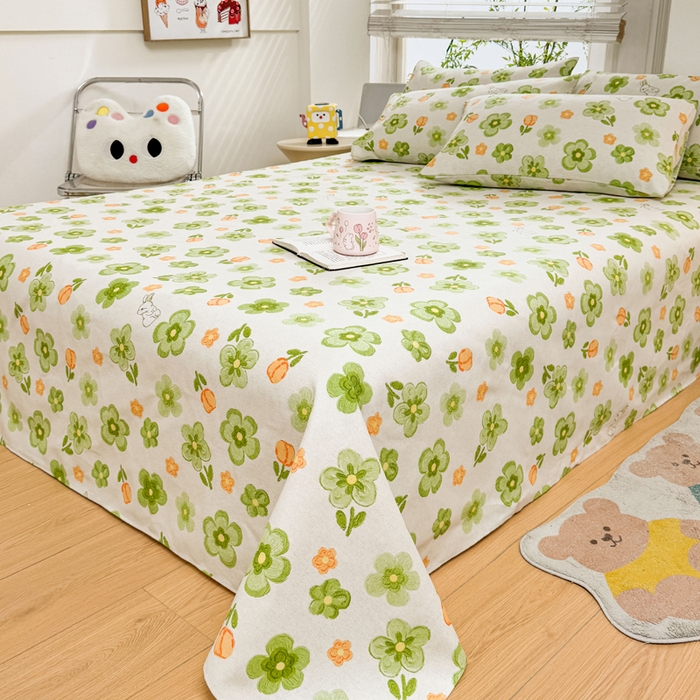 91家纺网 家纺一手货源 找家纺 梵朴 2025新款原棉老粗布床单凉席席子三件套 绿果花香兔