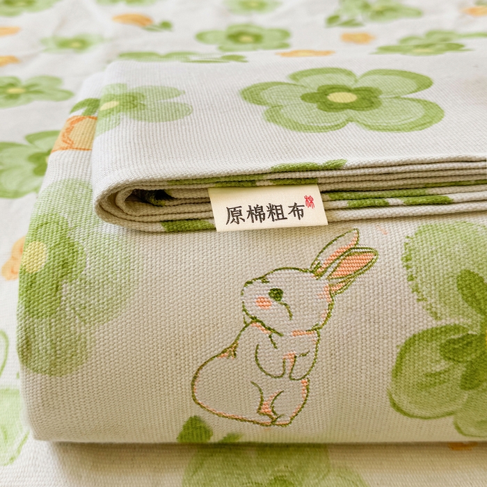 91家纺网 家纺一手货源 找家纺 梵朴 2025新款原棉老粗布床单凉席席子三件套 绿果花香兔