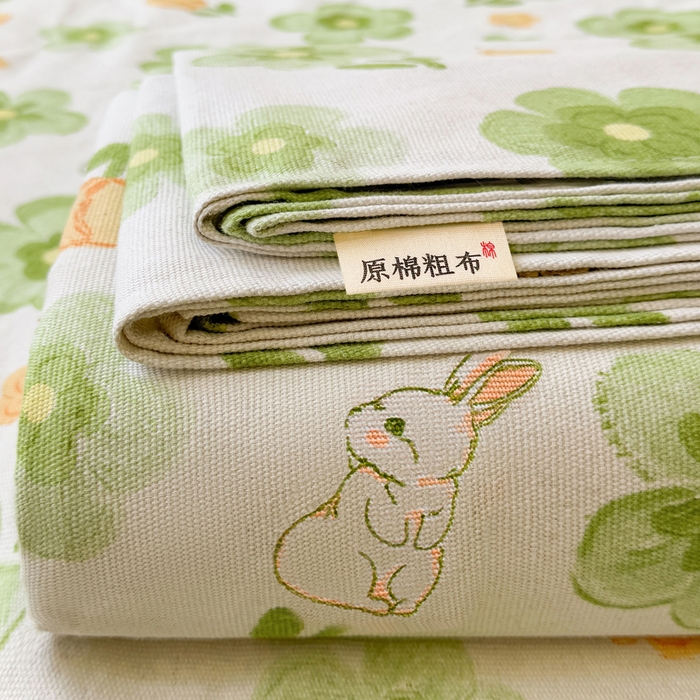 91家纺网 家纺一手货源 找家纺 梵朴 2025新款原棉老粗布床单凉席席子三件套 绿果花香兔