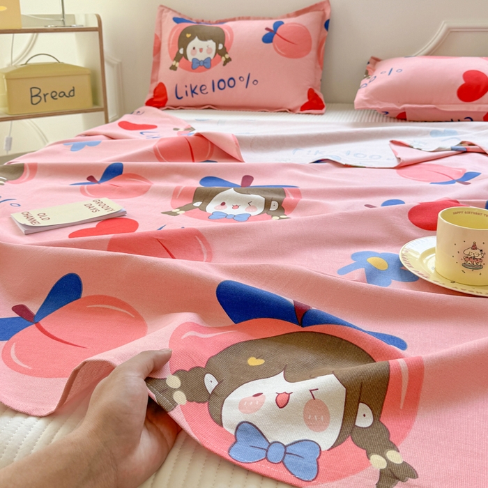 91家纺网 家纺一手货源 找家纺 梵朴 2025新款原棉老粗布床单凉席席子三件套 蜜桃女孩