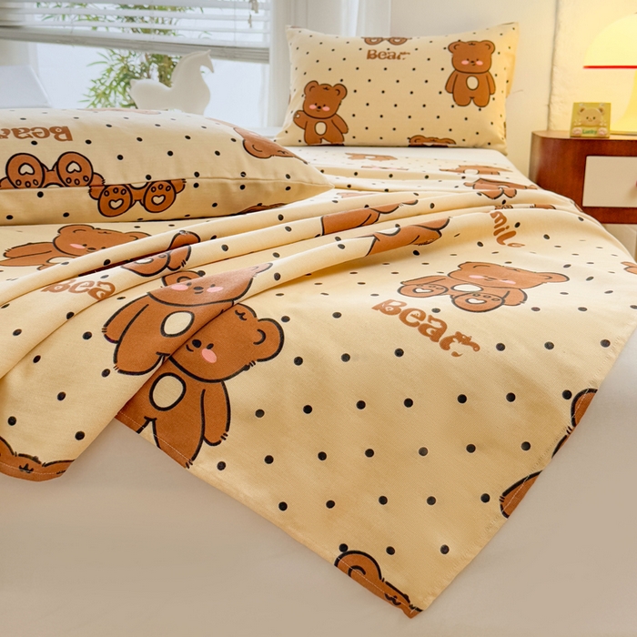 91家纺网 家纺一手货源 找家纺 梵朴 2025新款原棉老粗布床单凉席席子三件套 微笑熊-咖