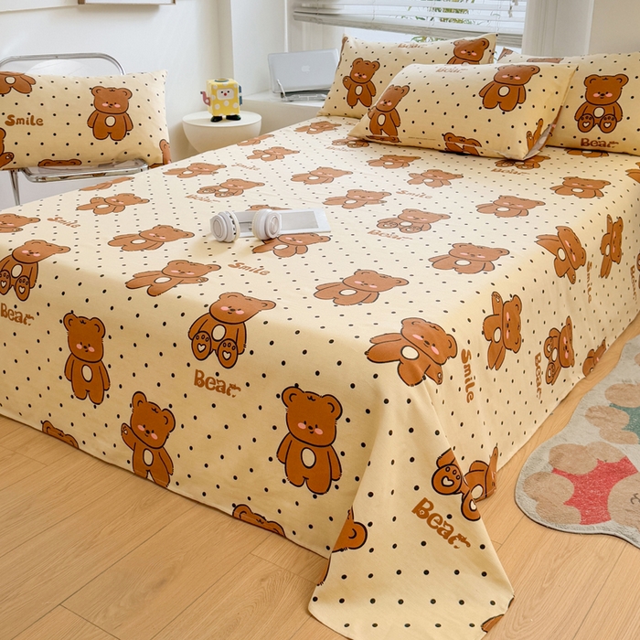 91家纺网 家纺一手货源 找家纺 梵朴 2025新款原棉老粗布床单凉席席子三件套 微笑熊-咖