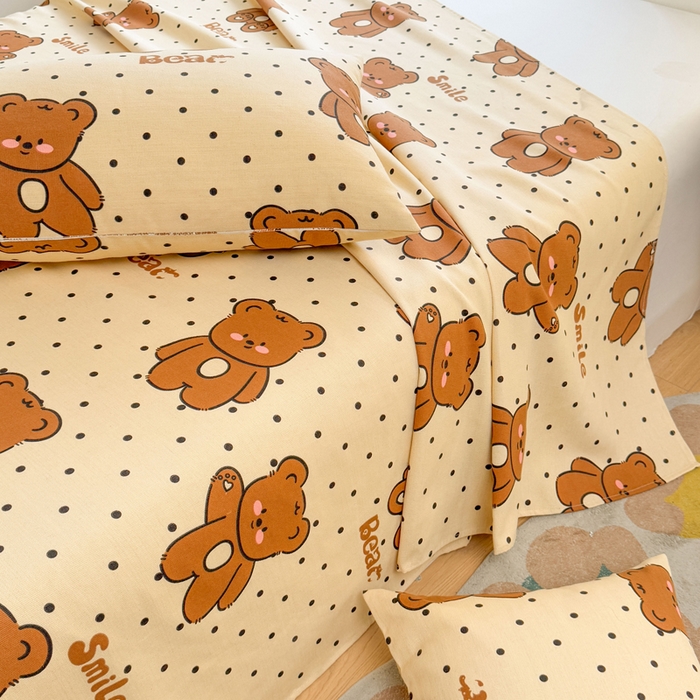 91家纺网 家纺一手货源 找家纺 梵朴 2025新款原棉老粗布床单凉席席子三件套 微笑熊-咖