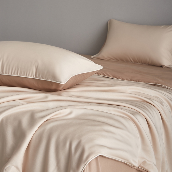 91家纺网 家纺一手货源 找家纺 沐白家居 2025新款竹纤维+莱塞尔夏被四件套 泡芙--秋风棕