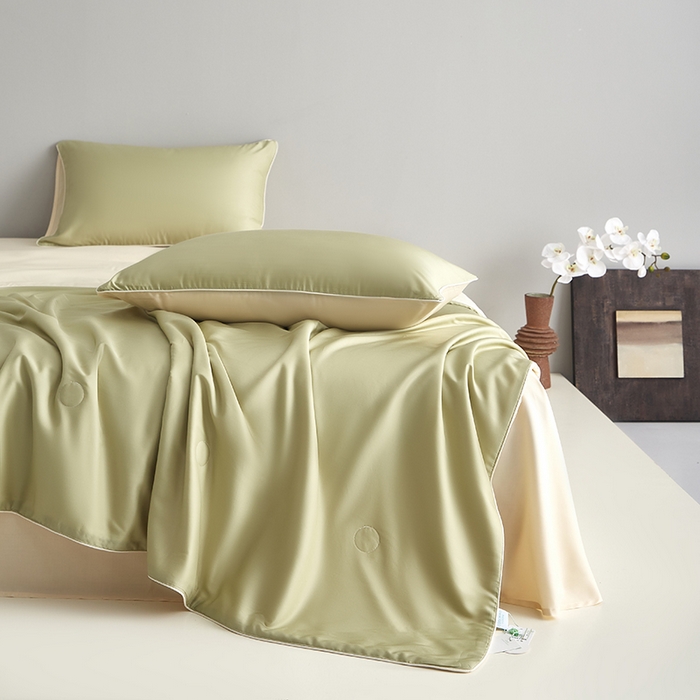 91家纺网 家纺一手货源 找家纺 沐白家居 2025新款竹纤维+莱塞尔夏被四件套 荷叶绿--泡芙