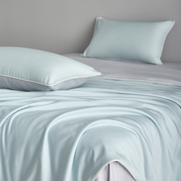 91家纺网 家纺一手货源 找家纺 沐白家居 2025新款竹纤维+莱塞尔夏被四件套 海山蓝--西冷灰