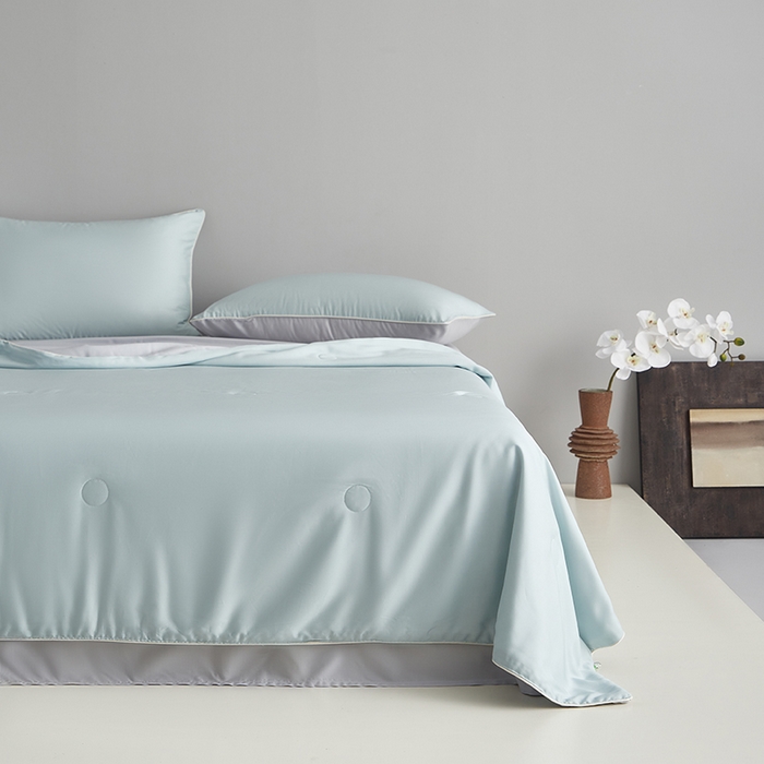 91家纺网 家纺一手货源 找家纺 沐白家居 2025新款竹纤维+莱塞尔夏被四件套 海山蓝--西冷灰