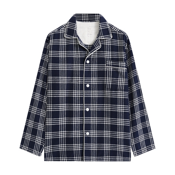 91家纺网 家纺一手货源 找家纺 伊嫚家居 2025新款无印日式双股全棉法兰绒家居服良品睡衣女纯棉直播秋冬款情侣睡衣 藏青色大格男