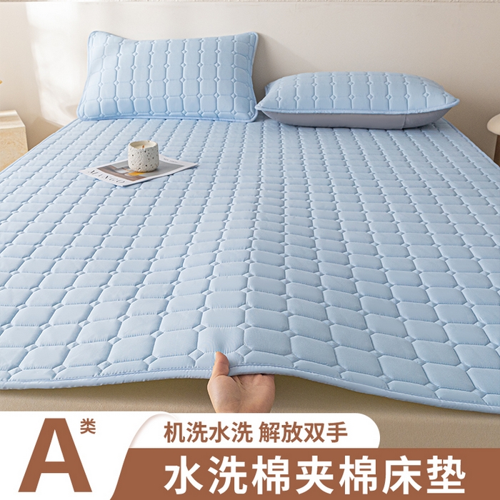 91家纺网 家纺一手货源 找家纺 欧邦 2025春夏新款四季款无印风纯色水洗棉床褥榻榻米床垫 床垫-天蓝