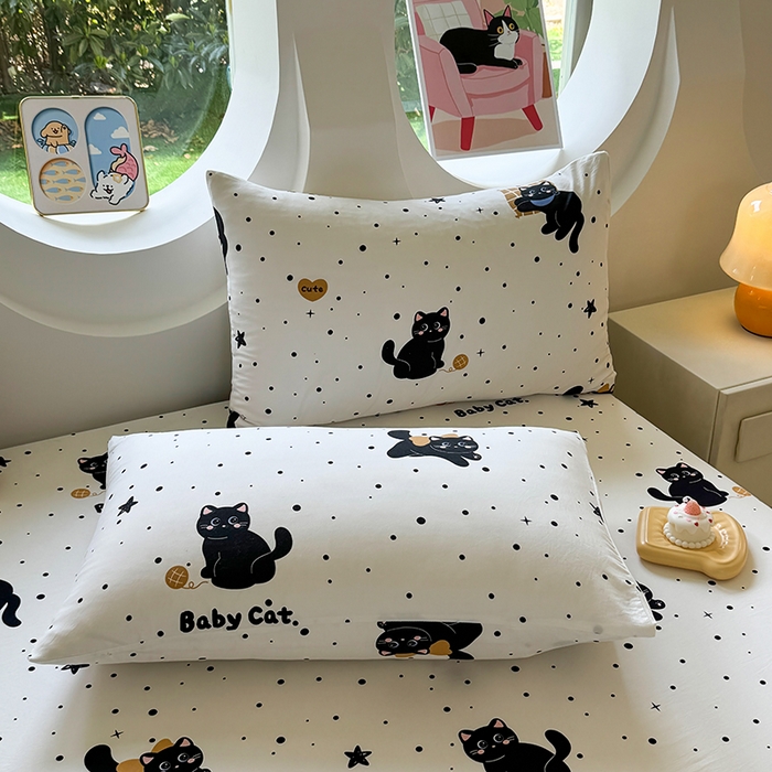 91家纺网 家纺一手货源 找家纺 十一家居 2025新款ins韩系卡通印花亲肤水洗棉床笠 波点小猫