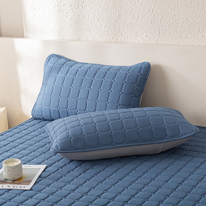 91家纺网 家纺一手货源 找家纺 欧邦 2025春夏新款四季款无印风纯色水洗棉床褥榻榻米床垫 床笠-深蓝