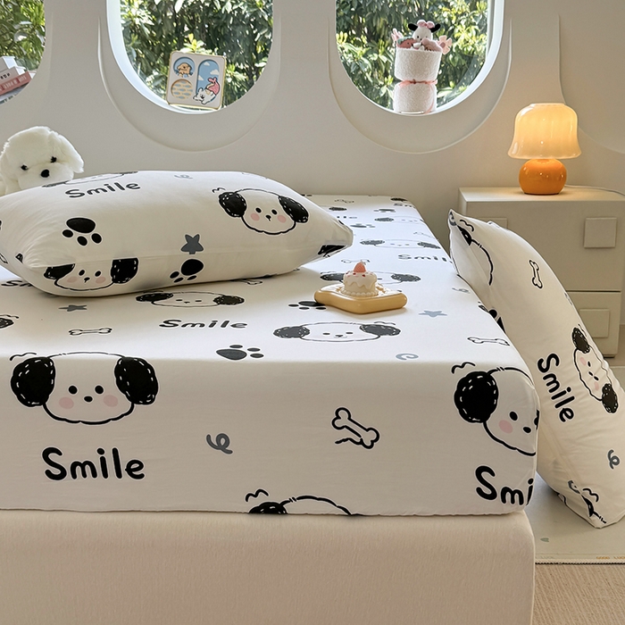 91家纺网 家纺一手货源 找家纺 十一家居 2025新款ins韩系卡通印花亲肤水洗棉床笠 微笑狗狗