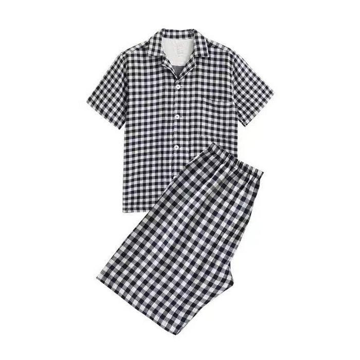 91家纺网 家纺一手货源 找家纺 伊嫚家居 2025新款日式无印风良品全棉双层纱睡衣女纯棉短袖短裤睡衣夏季纯棉短袖家居服 藏青小格男