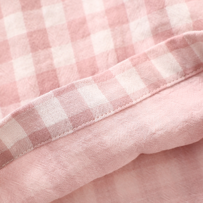 91家纺网 家纺一手货源 找家纺 伊嫚家居 2025新款日式无印风良品全棉双层纱睡衣女纯棉短袖短裤睡衣夏季纯棉短袖家居服 粉小格女