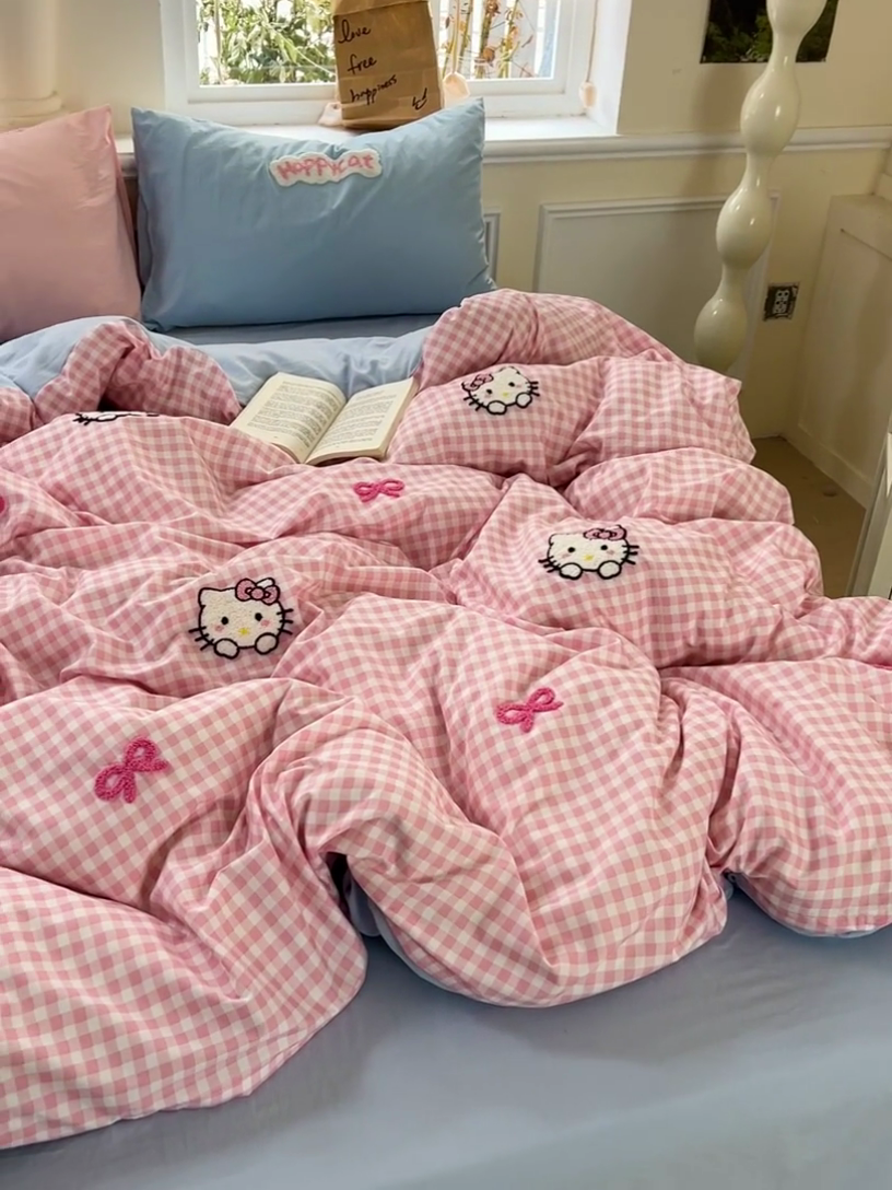 91家纺网 家纺一手货源 找家纺 海岛哥哥 2025新款云柔棉毛巾绣 四件套 毛巾绣-萌萌猫咪