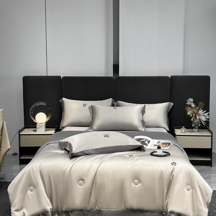 91家纺网 家纺一手货源 找家纺 仔仔熊 2025新款水洗真丝夏凉被四件套-春暖花开系列 春暖花开 山灰-中灰