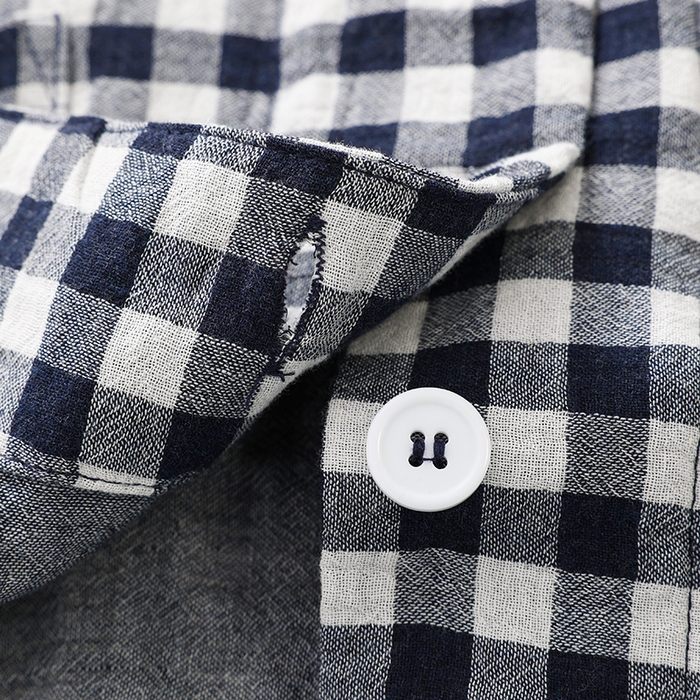 91家纺网 家纺一手货源 找家纺 伊嫚家居 2025新款日式无印风良品全棉双层纱睡衣女纯棉短袖短裤睡衣夏季纯棉短袖家居服 藏青小格男