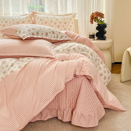 2026春夏新款拼色提花双层纱古法水洗床盖四件套提花云感棉 花开富贵