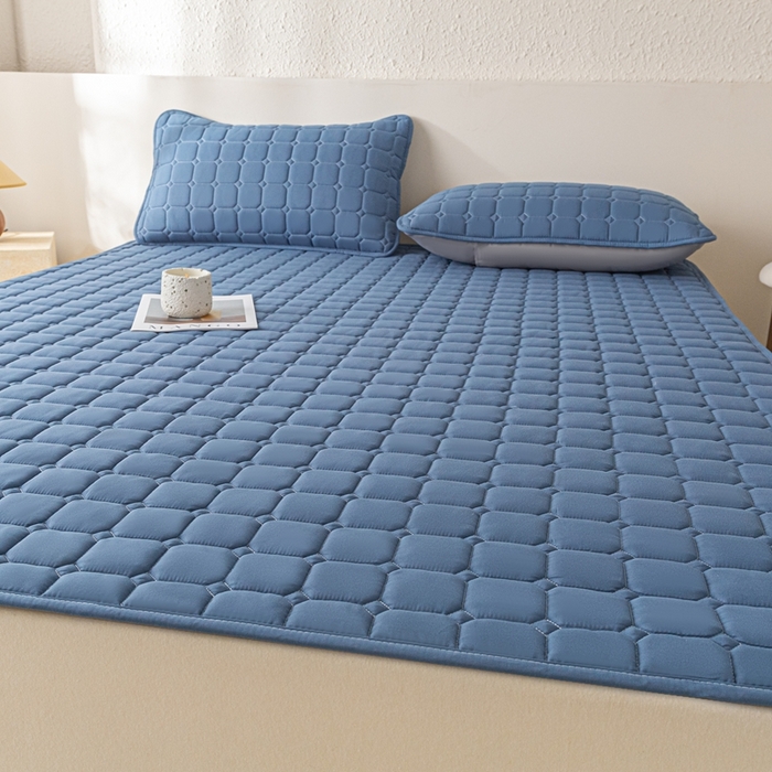 91家纺网 家纺一手货源 找家纺 欧邦 2025春夏新款四季款无印风纯色水洗棉床褥榻榻米床垫 床笠-深蓝