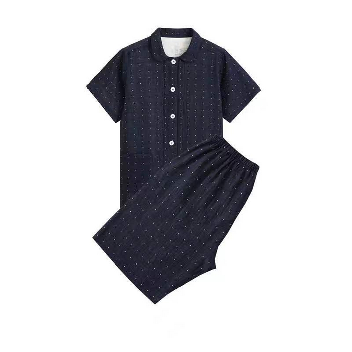 91家纺网 家纺一手货源 找家纺 伊嫚家居 2025新款日式无印风良品全棉双层纱睡衣女纯棉短袖短裤睡衣夏季纯棉短袖家居服 藏青波点女